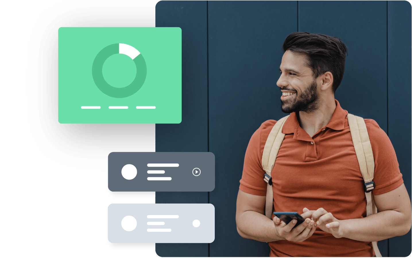 Graphic of stats and notifications with man smiling looking at phone
